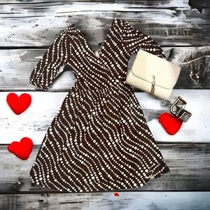 Retro vibes stretchy brown with cream polka dot dress. Cute with a thick belt
